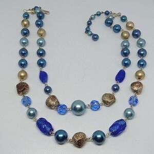 * vintage Japan 2 strand blues & gold, glass & plastic beads choker necklace